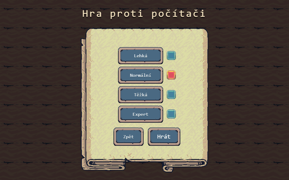 Herní menu na pergamenovém svitku s výběrem obtížnosti: Lehká, Normální, Těžká, Expert.